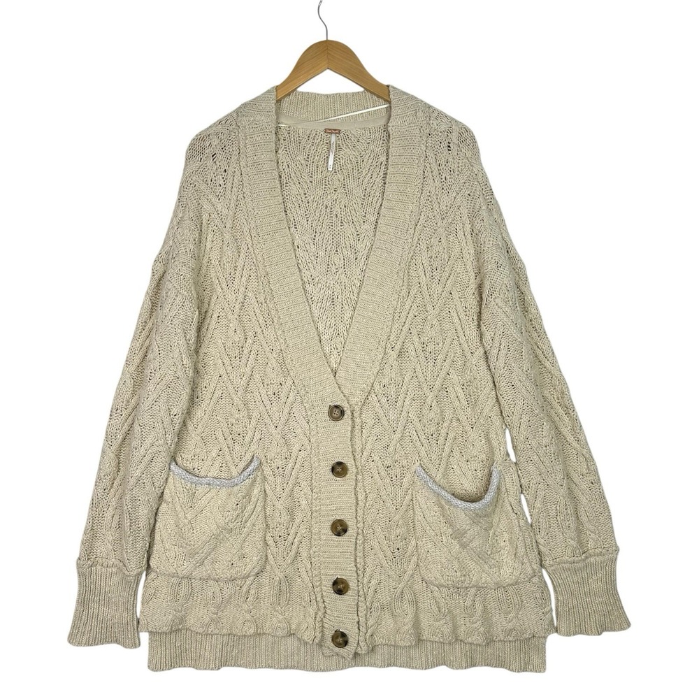 Free People Montana Chunky Knit Cardigan Womens M Cream Cable Knit Button Pocket